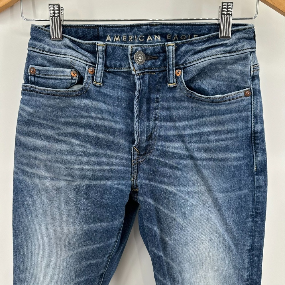American Eagle Jeans Mens 26x28 Blue Whiskered Denim Low Rise Stretch Skinny